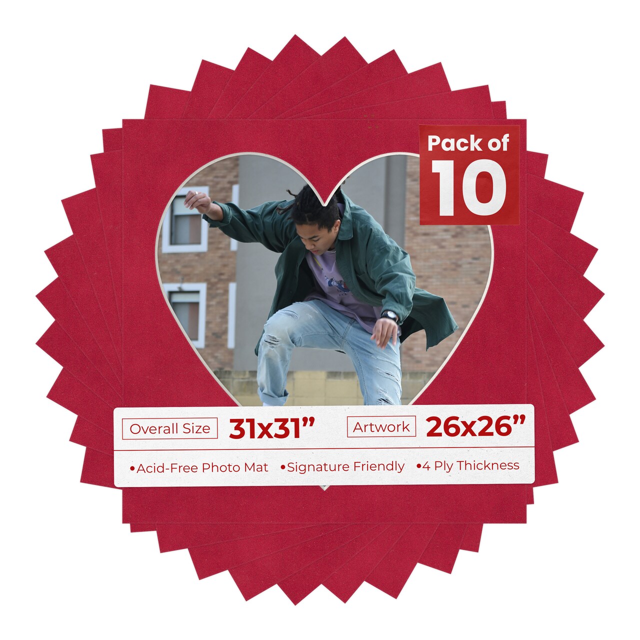 Red Suede Mat Board for 31x31 Frames - Heart Opening for 26x26 Photos